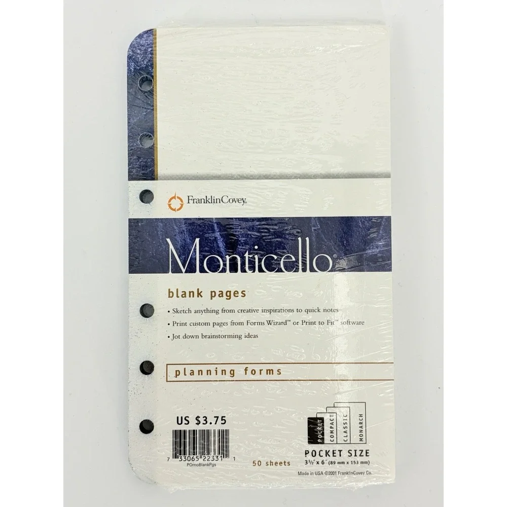 Franklin Covey Monticello Planning Forms Blank and Lined Pages Refills